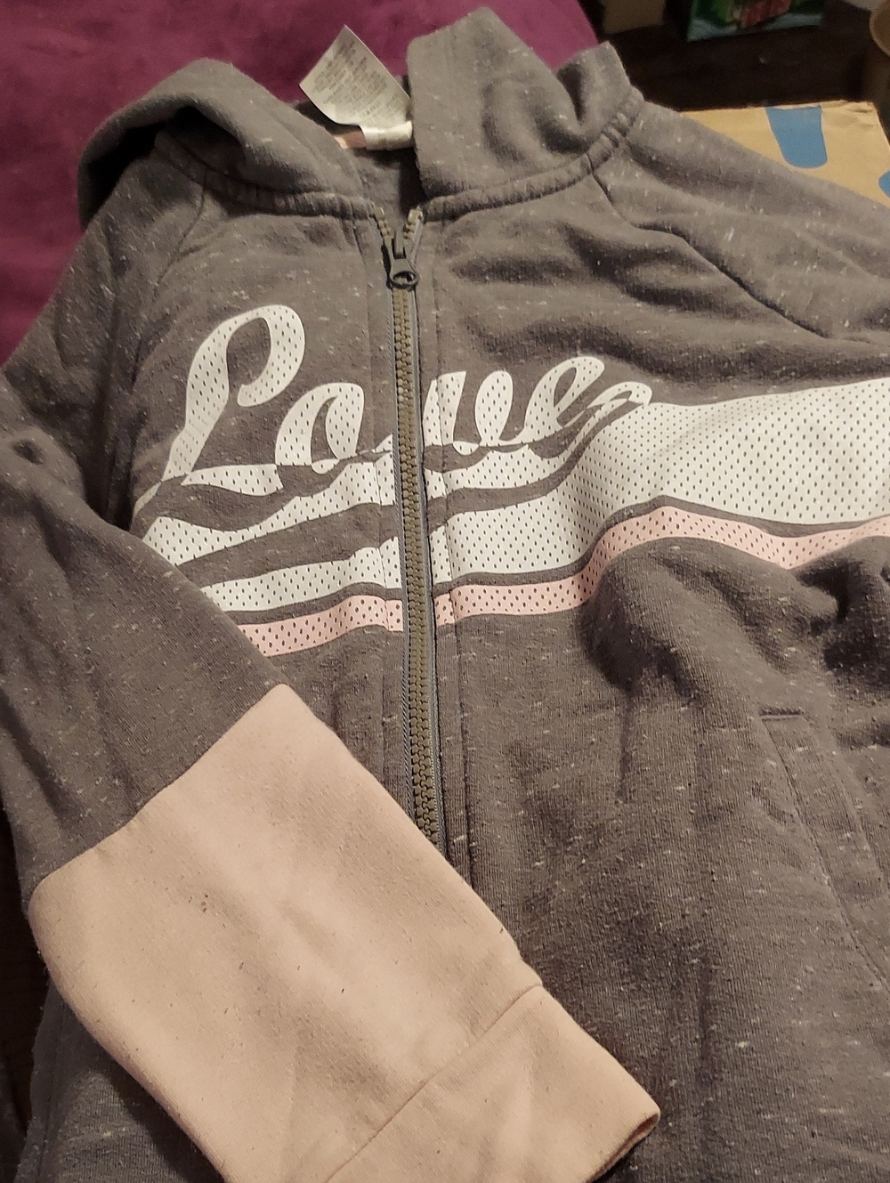 Athletic Works Gray Zip Hoodie with White 'Love' Script and Pink Accents
